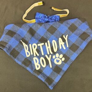 Blue Plaid Birthday Boy Bandana and Bow Tie Set for dogs adjustable pieces
